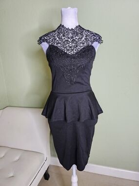 Gypsy Warrior Black Lace High-Neck Peplum Midi Dress